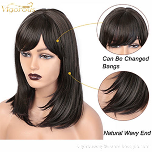 Vigorous Wholesale Top Quality Long Silky Straight Natural Black Wigs Bangs Synthetic Part Side Wigs For Women Heat Resistant